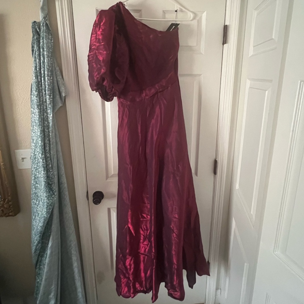 Wine red prom dress, one sleeve.